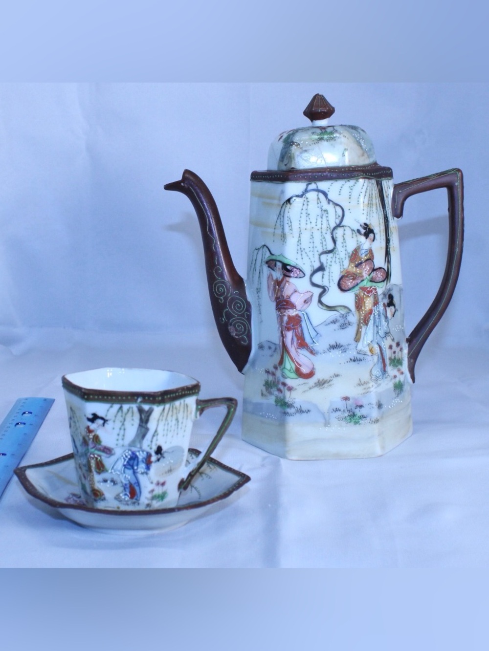 ANTIQUE Japanese Porcelain Chocolate Pot with Matching Lid, Cup, and Saucer